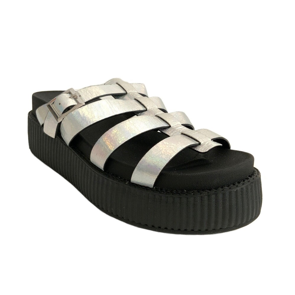 T.U.K Leather Sandals Size 10M Silver Iridiscent Strappy Platform Creeper